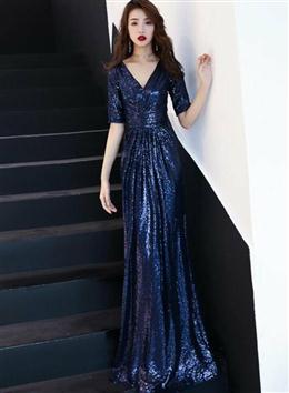 Picture of Blue Sequins Short Sleeves A-line Long Bridesmaid Dress, Sequins Evening Dresses Party Dresses